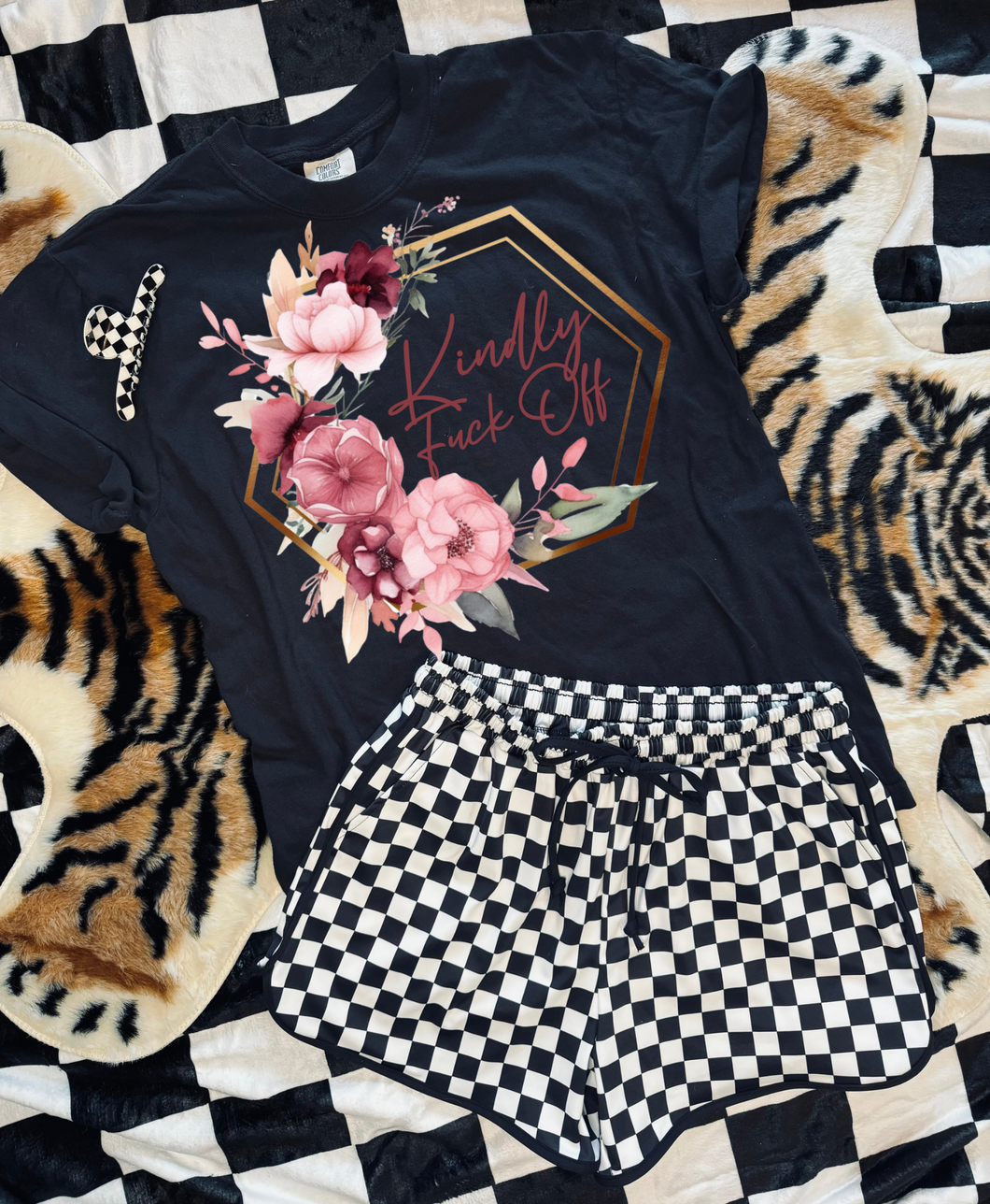 Floral kindly fuck off on Black tank, hoodie, crewneck, long sleeve or graphic tee - Mavictoria Designs Hot Press Express