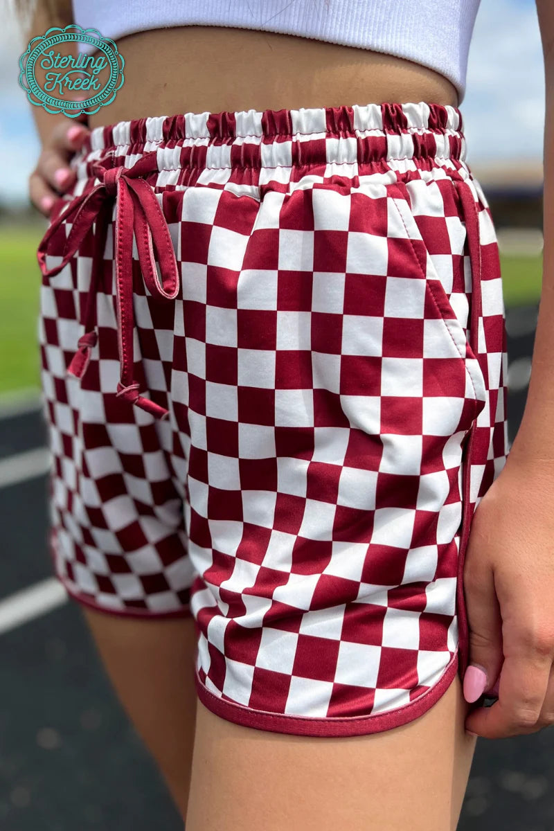 Team MAROON checkered athletic shorts with drawstring and pockets by Sterling Kreek - Mavictoria Designs Hot Press Express