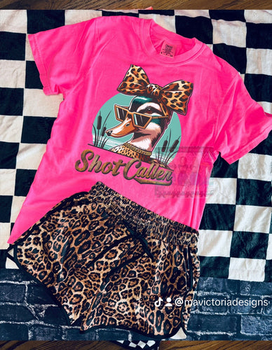 Neon pink comfort colors SHOT CALLER DUCK Graphic tee // leopard shorts available separately - Mavictoria Designs Hot Press Express