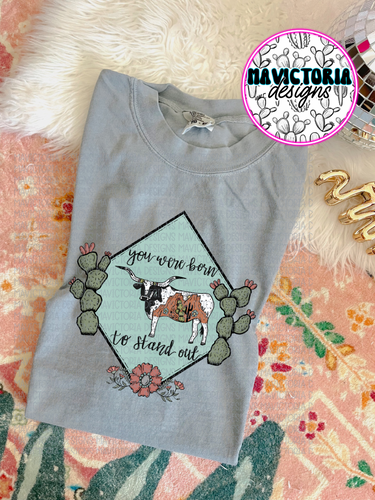 You were born to stand out longhorn cow on grey comfort colors WESTERN graphic tee - Mavictoria Designs Hot Press Express