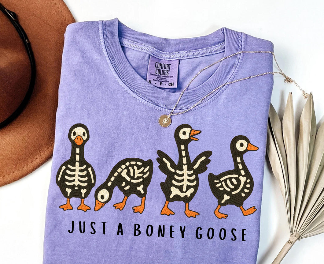 Violet comfort colors JUST A BONEY GOOSE halloween graphic tee - Mavictoria Designs Hot Press Express