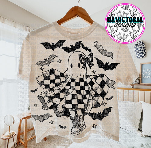 Batty checkered ghost graphic tee on ivory COMFORT COLORS - Mavictoria Designs Hot Press Express