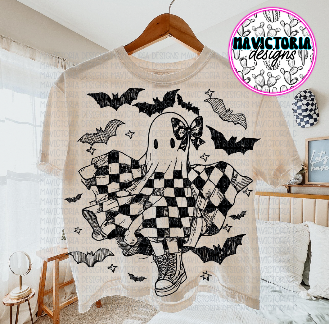 Batty checkered ghost graphic tee on ivory COMFORT COLORS - Mavictoria Designs Hot Press Express