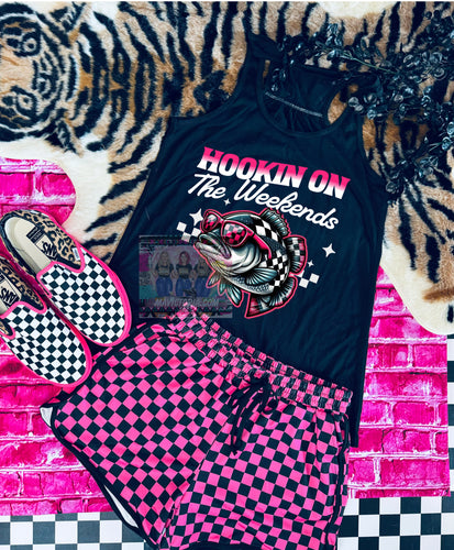 Hookin on the Weekends graphic tank women’s fit checkered fish - Mavictoria Designs Hot Press Express