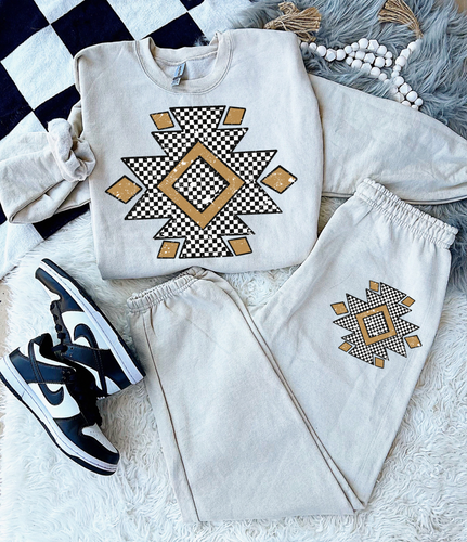 Sand checkered Aztec sweatsuit sweat set (purchase separately) - Mavictoria Designs Hot Press Express