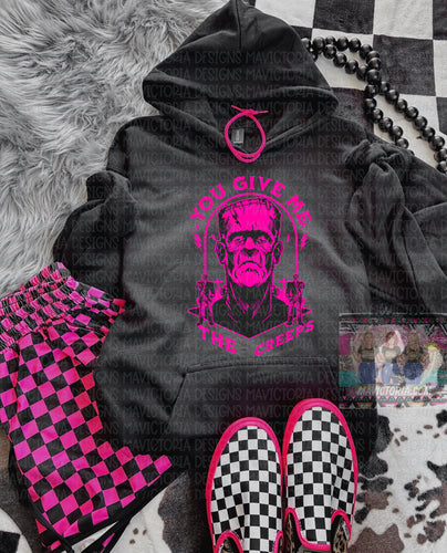 YOU GIVE ME THE CREEPS on black graphic hoodie / / shorts available separately - Mavictoria Designs Hot Press Express