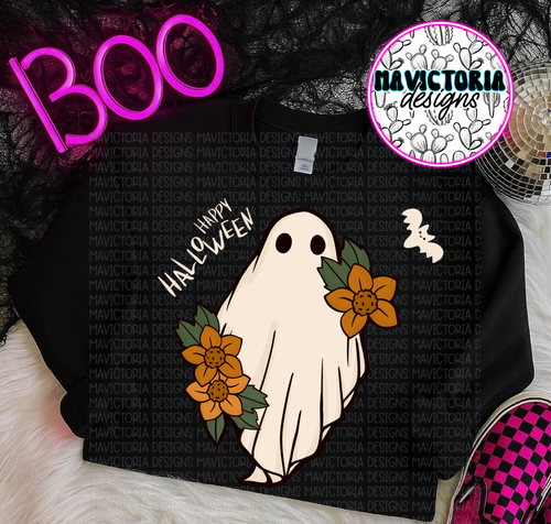 Happy Halloween ghost on black hoodie, crewneck, long sleeve or tee - Mavictoria Designs Hot Press Express