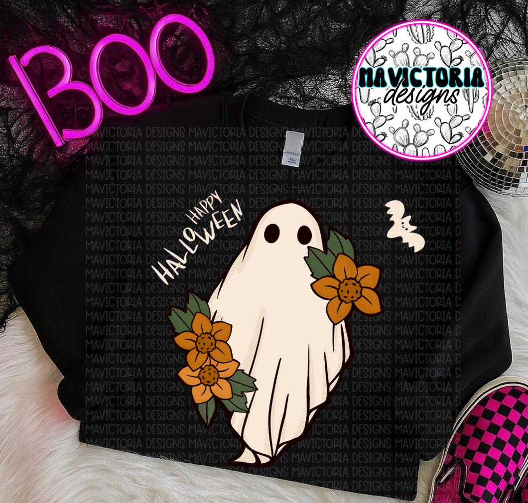 Happy Halloween ghost on black hoodie, crewneck, long sleeve or tee - Mavictoria Designs Hot Press Express