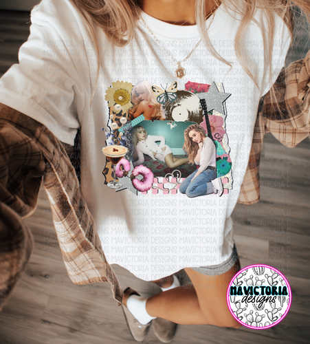 Sabrina carpenter collage vintage white graphic tee or tank - Mavictoria Designs Hot Press Express