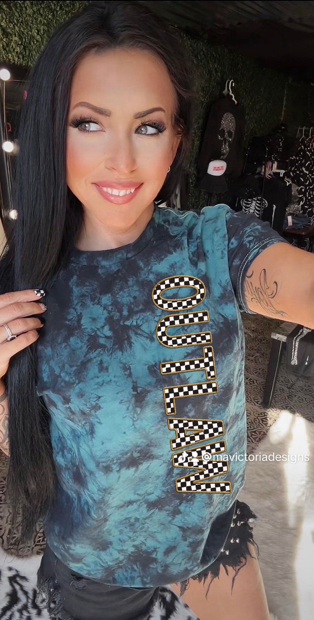 Checkered Outlaw teal and black dyed graphic tee - Mavictoria Designs Hot Press Express