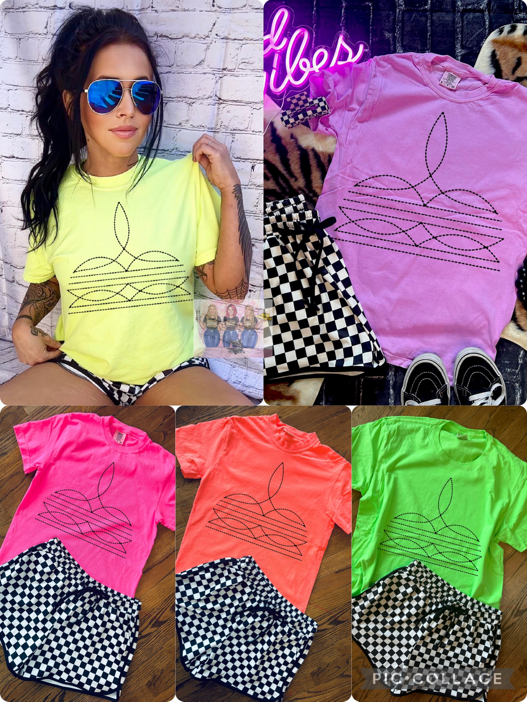 The Neon Boot Stitch Collection comfort colors graphic tee LEMON VIOLET PINK GREEN CORAL checkered shorts sold separately - Mavictoria Designs Hot Press Express