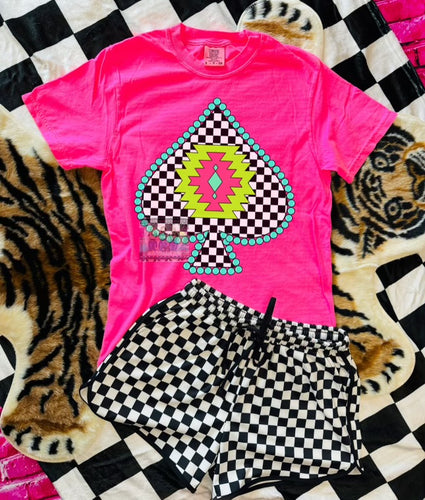 Checkered spade Aztec neon pink comfort colors graphic tee // checkered shorts available separately - Mavictoria Designs Hot Press Express