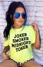 Load image into Gallery viewer, Joker Smoker Midnight Toker Neon Comfort Colors Collection // checkered shorts sold separately - Mavictoria Designs Hot Press Express
