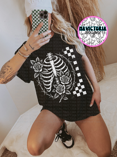 Checkered rose rib cage on black hoodie, crewneck, long sleeve or tee - Mavictoria Designs Hot Press Express