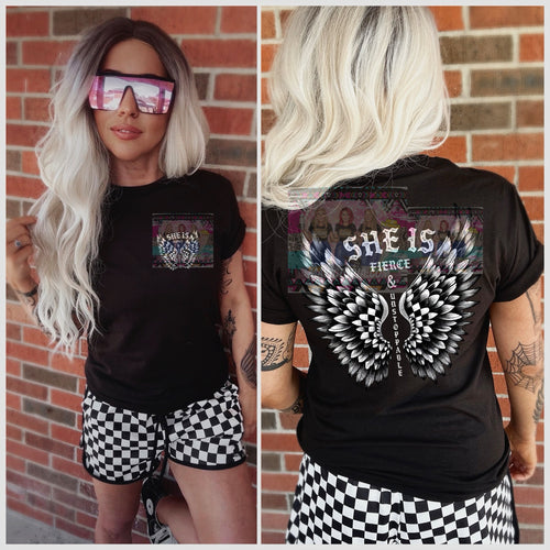 Black comfort colors graphic tee SHE IS FIERCE AND UNSTOPPABLE checkered wings // checkered shorts available separately - Mavictoria Designs Hot Press Express