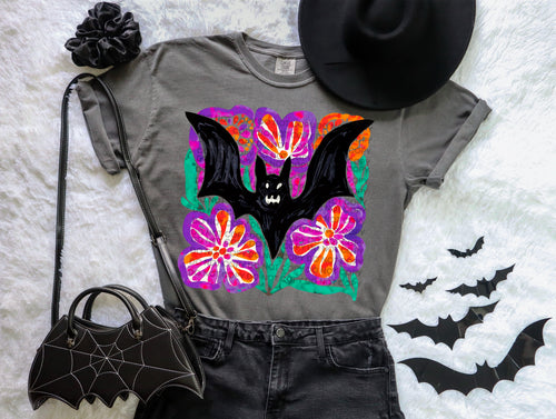 Floral bat on pepper comfort colors graphic tee - Mavictoria Designs Hot Press Express