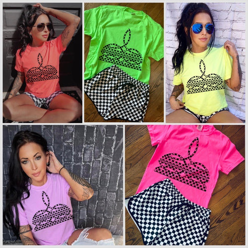 The Neon Checkered Bootstitch Boot Stitch Collection on Comfort Colors or Beach Wash Graphic Tees // checkered shorts sold separately - Mavictoria Designs Hot Press Express