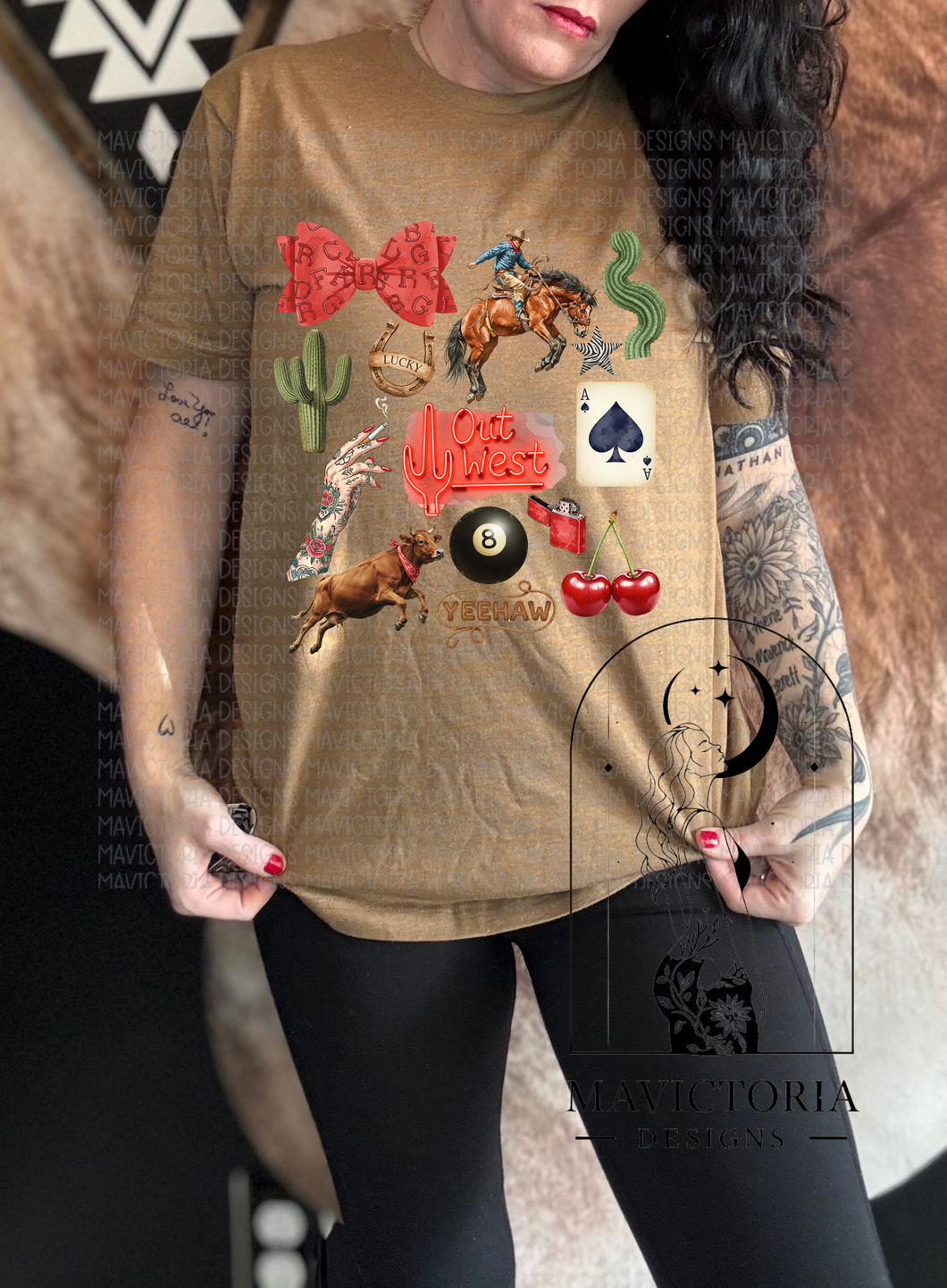 WESTERN COLLAGE on coyote brown graphic tee crew long sleeve or hoodie - Mavictoria Designs Hot Press Express