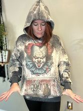 Load image into Gallery viewer, Horror bleached graphic hoodie pennywise edition you’ll float too Derry tribune IT movie - Mavictoria Designs Hot Press Express
