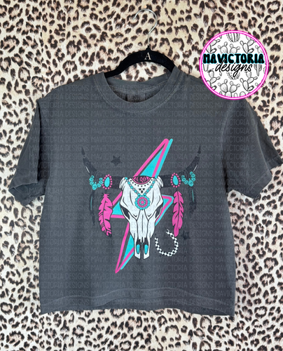 Lightning bullskull on comfort colors PEPPER crop top graphic tee - Mavictoria Designs Hot Press Express