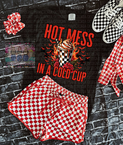 HOT MESS IN A COLD CUP on black comfort colors graphic tee - Mavictoria Designs Hot Press Express