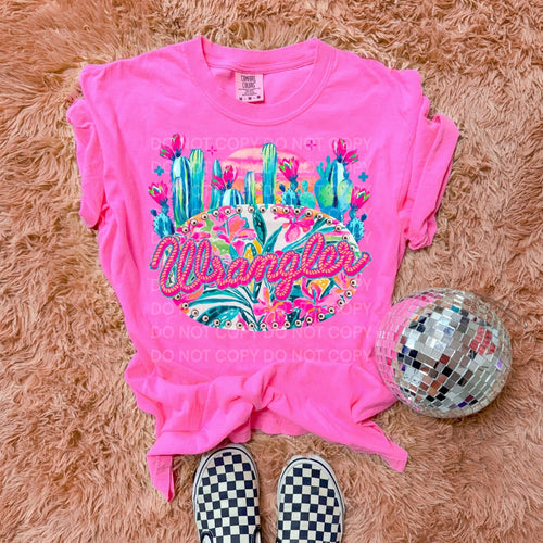 Neon pink comfort colors WRANGLER paisley cactus western graphic tee - Mavictoria Designs Hot Press Express