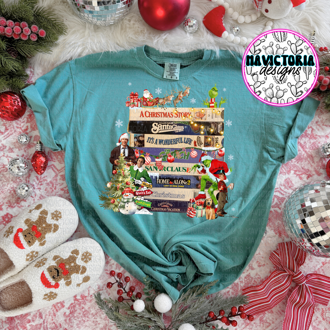 Christmas VHS tapes on seafoam hoodie, crewneck, long sleeve or graphic tee