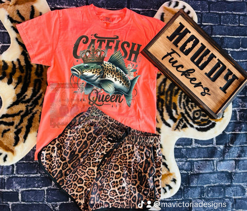 Neon coral CATFISH QUEEN Graphic tee - Mavictoria Designs Hot Press Express