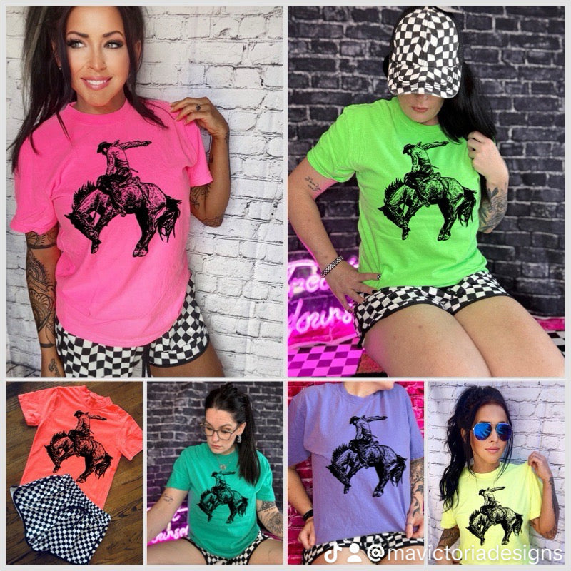 The Neon bronc comfort colors collection graphic tees checkered shorts sold separately - Mavictoria Designs Hot Press Express