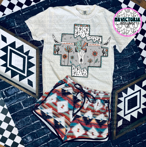 Aztec cactus longhorn on ivory comfort colors WESTERN graphic tee - Mavictoria Designs Hot Press Express