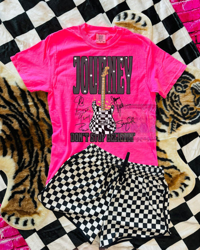 Journey Don’t stop Believing , comfort colors graphic tee // checkered shorts available separately - Mavictoria Designs Hot Press Express