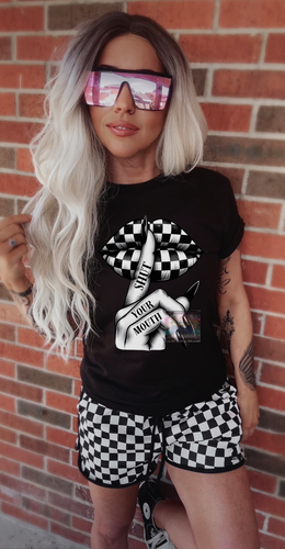 Shut your mouth comfort colors graphic tee checkered print lips // shorts available separately - Mavictoria Designs Hot Press Express