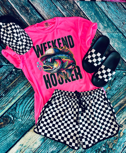 Neon Weekend Hooker comfort colors graphic tee LEMON PINK GREEN CORAL checkered shorts sold separately - Mavictoria Designs Hot Press Express