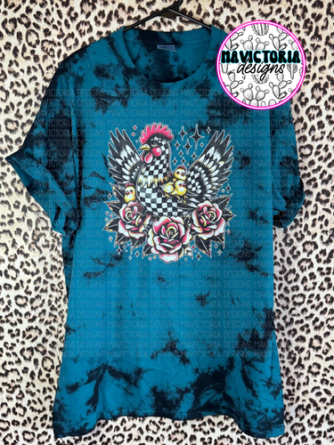 Teal and black tie dye CHECKERED CHICKEN graphic tee - Mavictoria Designs Hot Press Express