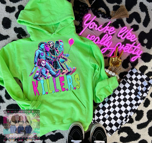 KILLERS neon horror on neon green hoodie or tee - Mavictoria Designs Hot Press Express