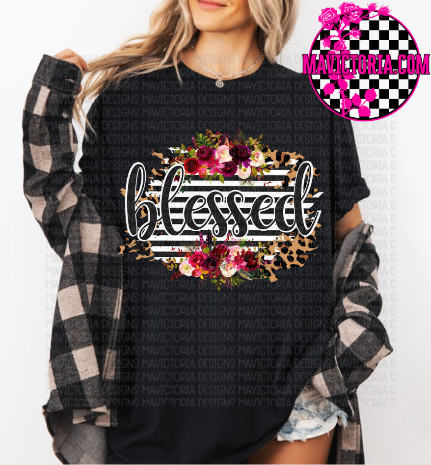 Blessed striped floral design on black hoodie, crewneck, long sleeve or graphic tee