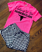 Load image into Gallery viewer, Neon Collection I BELONG TO THE DRINKING CLASS bullskull on Comfort Colors or Beach Wash Graphic Tees // checkered shorts sold separately - Mavictoria Designs Hot Press Express
