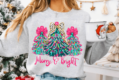 Merry and bright Christmas trees on grey hoodie, crewneck, long sleeve or tee - Mavictoria Designs Hot Press Express