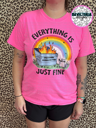 Everything is fine raccoon dumpster fire on comfort colors graphic tee (you pick color) - Mavictoria Designs Hot Press Express