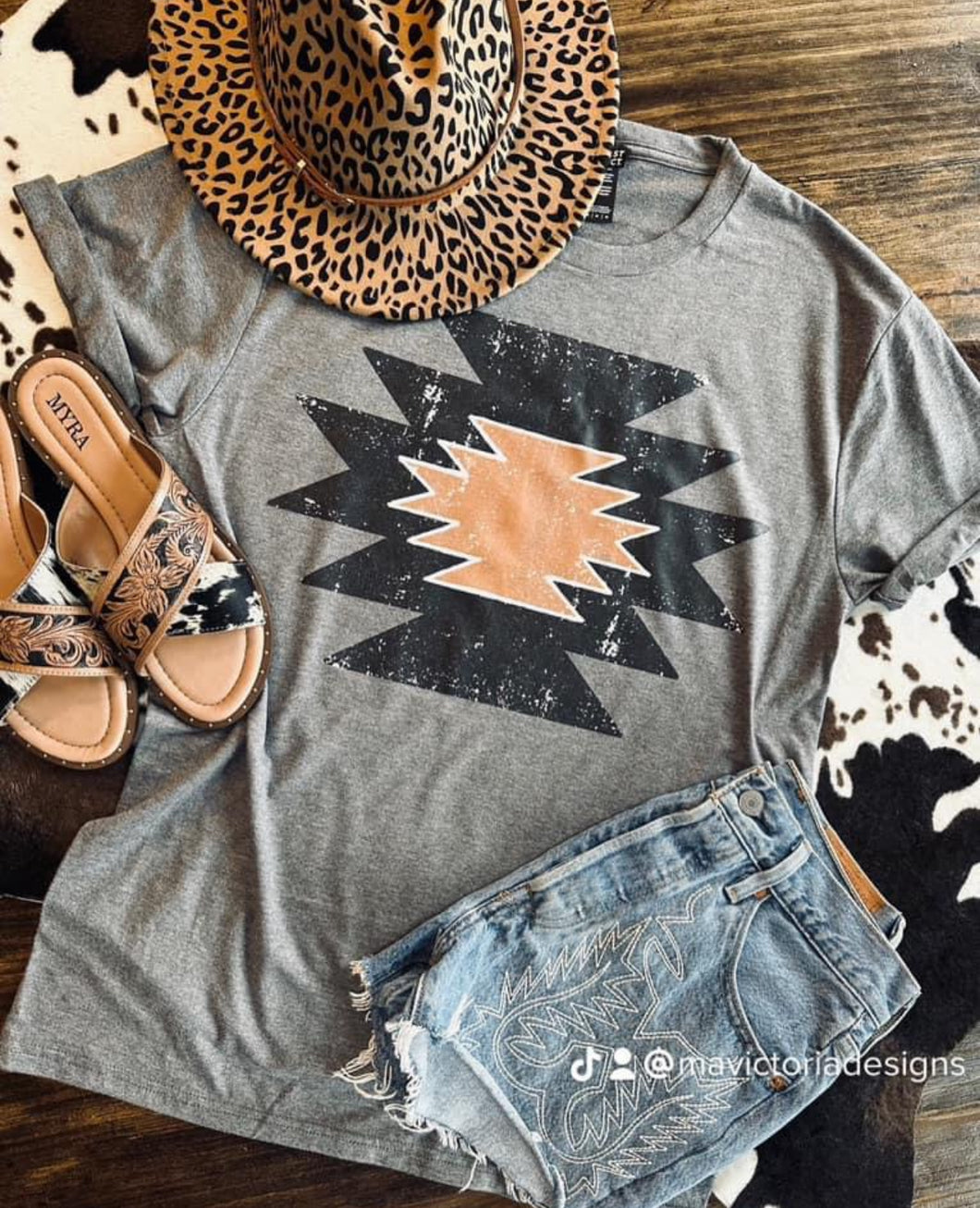 Tan and black Aztec print on distric grey gray tee - Mavictoria Designs Hot Press Express