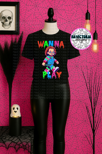 Wanna play neon Chucky on black hoodie, crewneck, long sleeve or tee - Mavictoria Designs Hot Press Express