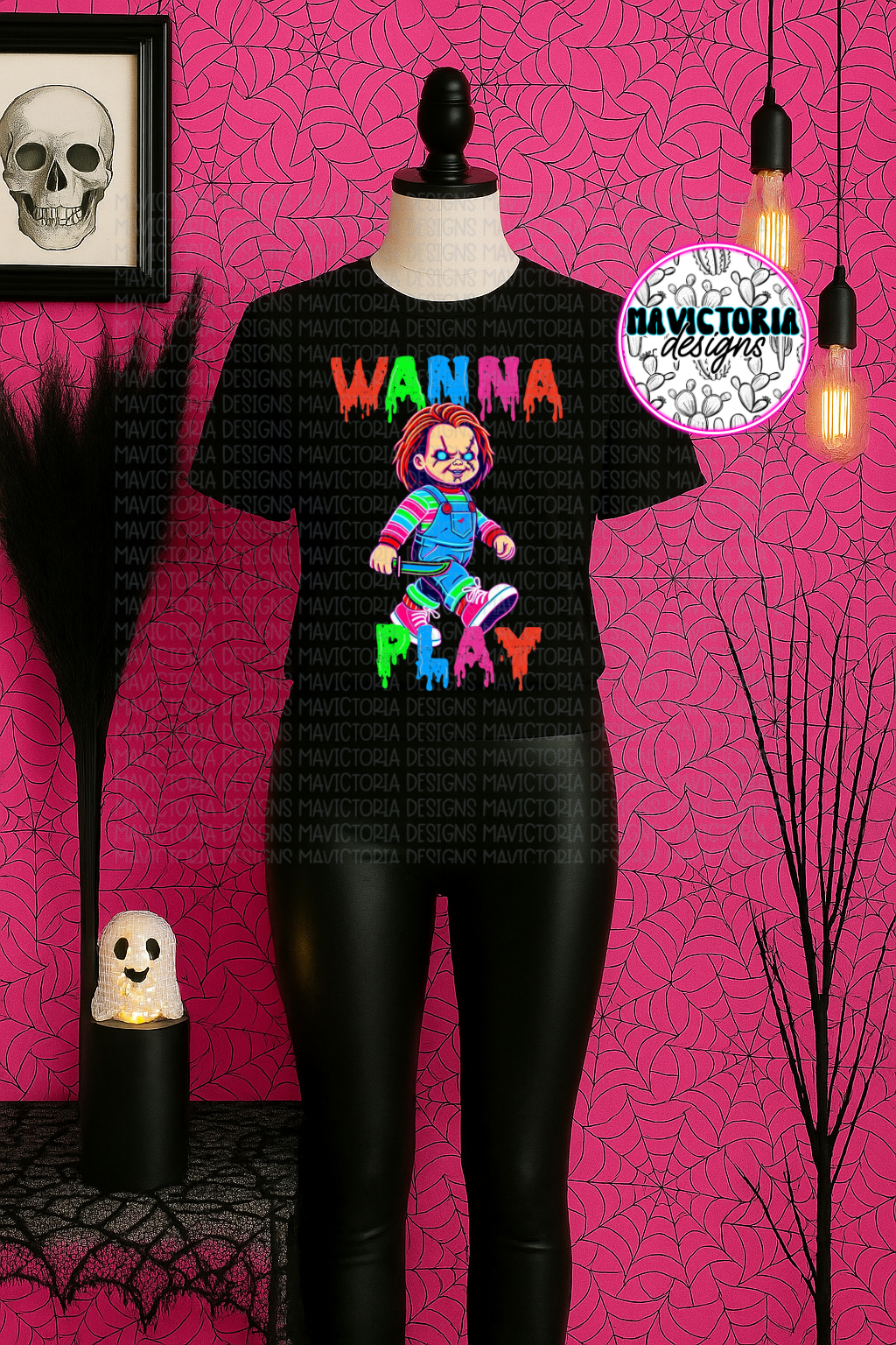 Wanna play neon Chucky on black hoodie, crewneck, long sleeve or tee - Mavictoria Designs Hot Press Express