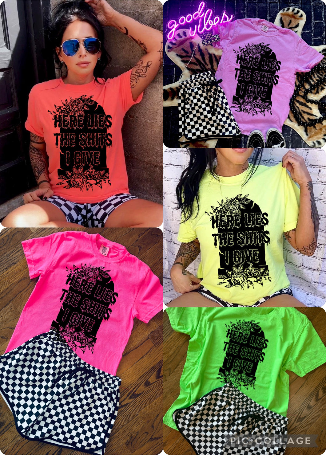 Here Lies The Shits I Give Headstone Neon Comfort Colors Collection // checkered shorts sold separately - Mavictoria Designs Hot Press Express