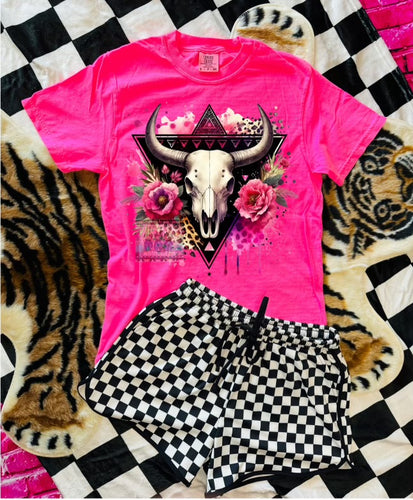 Longhorn floral bull skull with pink roses comfort colors graphic tee // checkered shorts available separately - Mavictoria Designs Hot Press Express