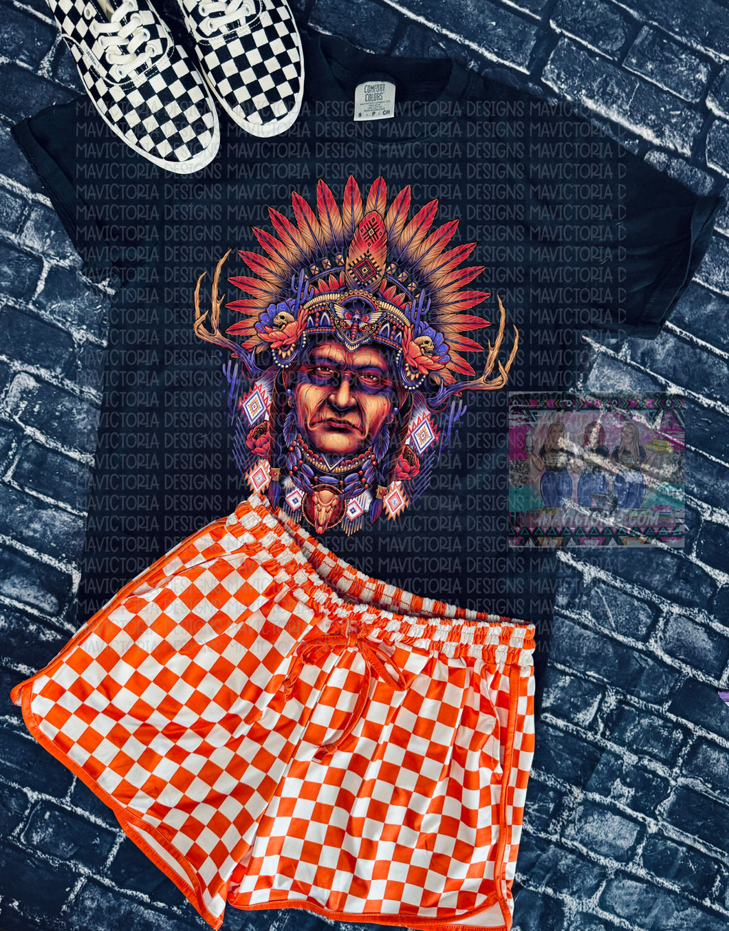 Purple and orange headdress Indian graphic tee on black CC shorts available separately - Mavictoria Designs Hot Press Express