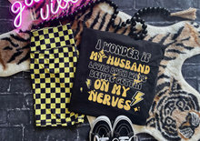 Load image into Gallery viewer, I wonder if my husband looks both ways before getting on my nerves funny graphic tee yellow checkered bike shorts sold separately - Mavictoria Designs Hot Press Express
