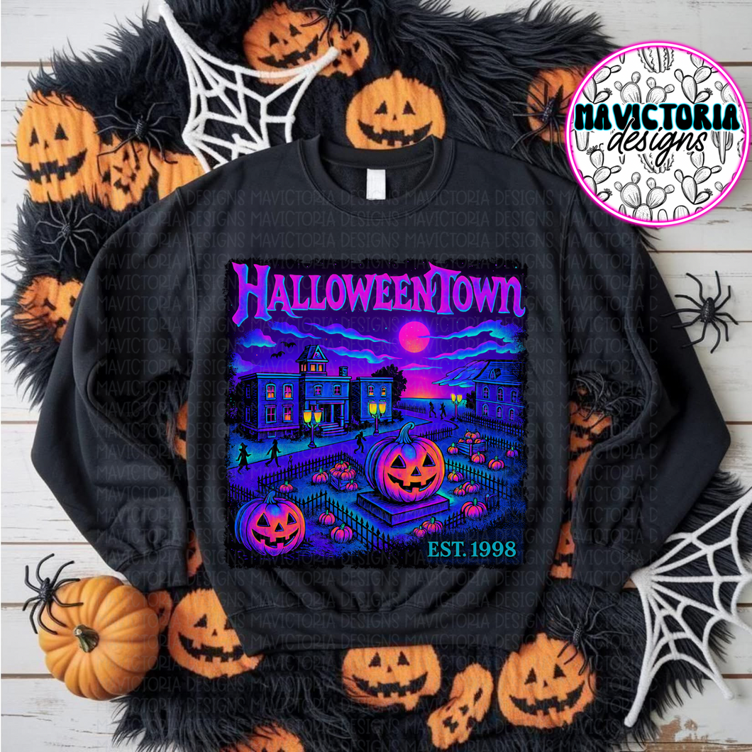 NEON HALLOWEENTOWN on black hoodie, crewneck, long sleeve or graphic tee - Mavictoria Designs Hot Press Express