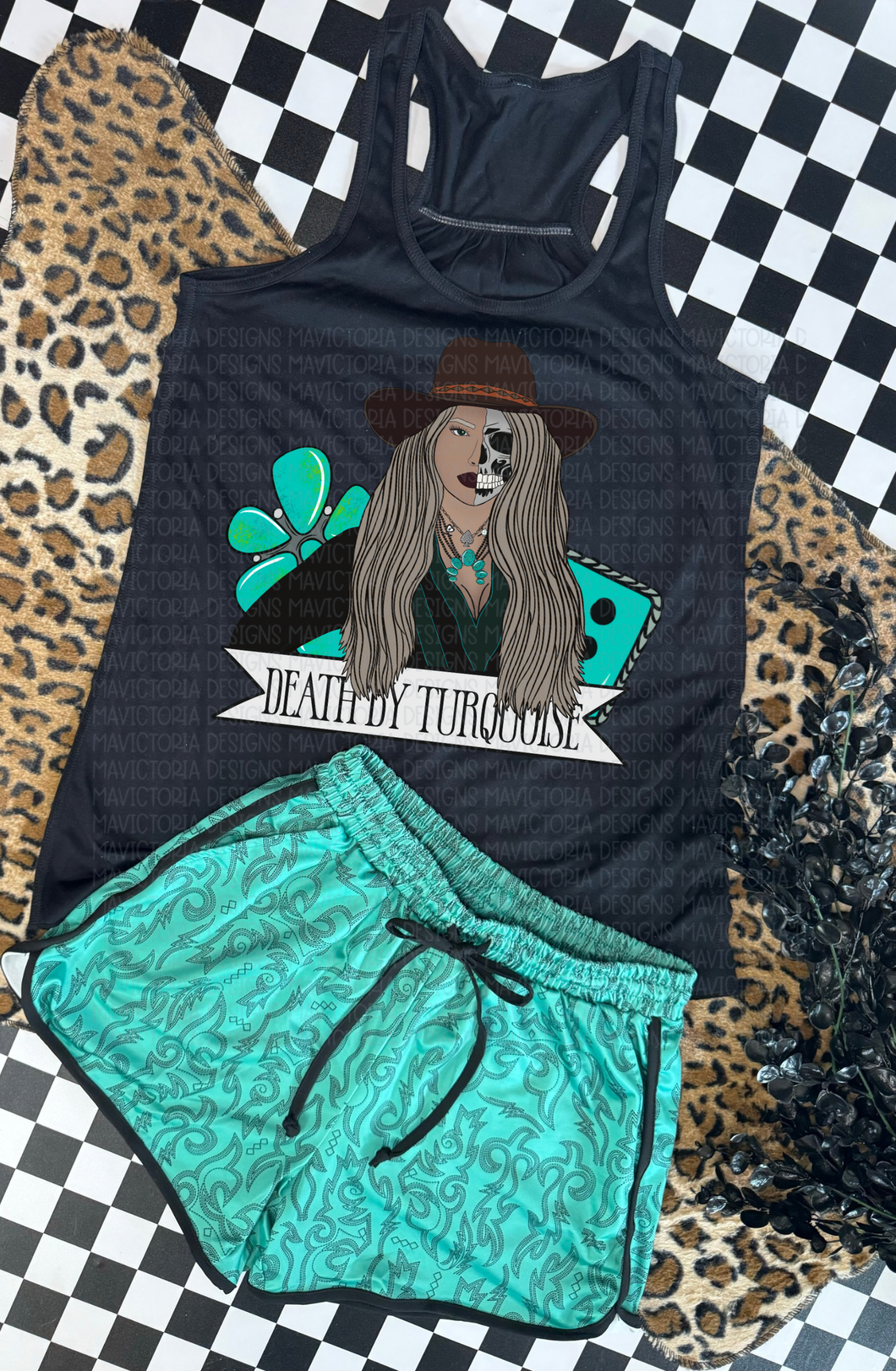 Death by turquoise skellie girl Black tank, hoodie, crewneck, long sleeve or graphic tee - Mavictoria Designs Hot Press Express