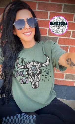 You were born to shine DREAM BIG bullskull on bay green comfort colors WESTERN graphic tee - Mavictoria Designs Hot Press Express