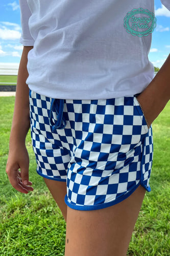 Team ROYAL BLUE checkered athletic shorts with drawstring and pockets by Sterling Kreek - Mavictoria Designs Hot Press Express